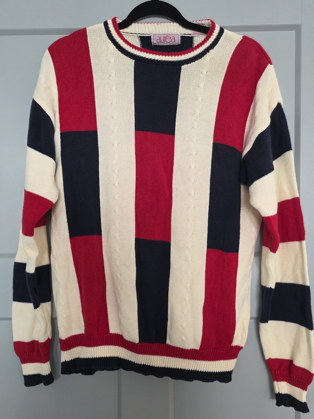 Vintage 90s Block Stripe Cable Knit Sweater Mens L 100% Cotton Preppy Colorblock